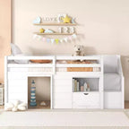 Okak Massivholz-Hochbett für Einzelmatratzen mit Treppe und Stauraum, niedriges Etagenbett mit Schubladen und Regalen, multifunktionales Hochbett für Kinder und Jugendliche