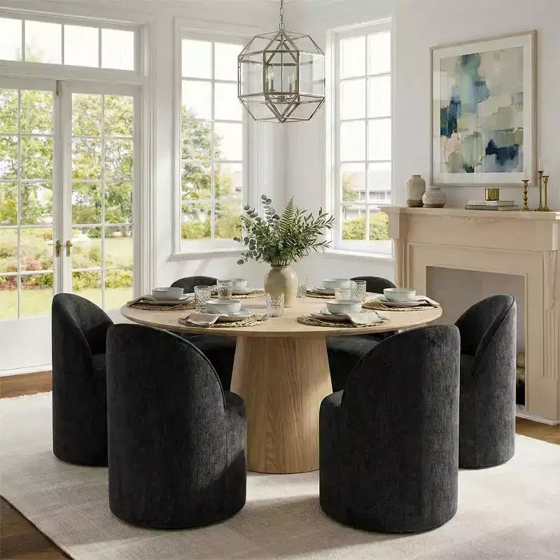 Conjunto de jantar moderno para 6 pessoas, mesa redonda com pé central, cadeiras giratórias tipo barril com rodas, chenille texturizado - Panipeachy