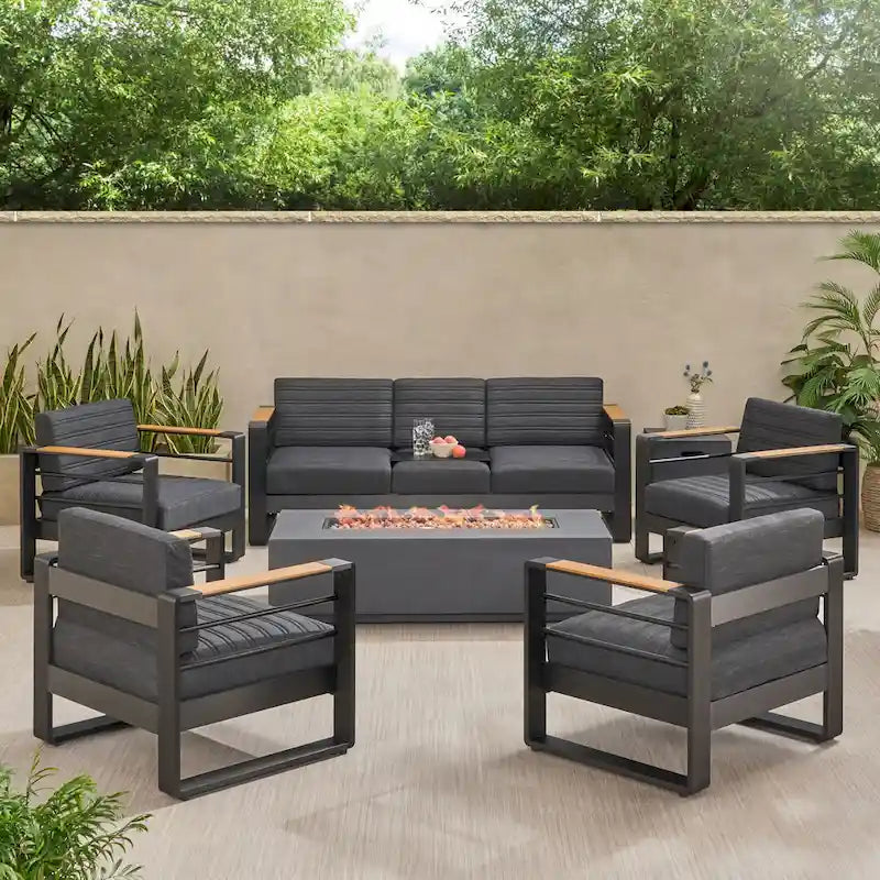 Giovanna Outdoor-Sitzgruppe aus Aluminium für 7 Personen mit Feuerstelle von Christopher Knight Home