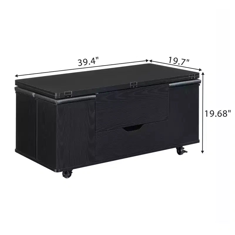 Table basse moderne multifonctionnelle à plateau relevable avec rangement caché, 4 tabourets et roulettes, idéale pour les espaces de vie modernes