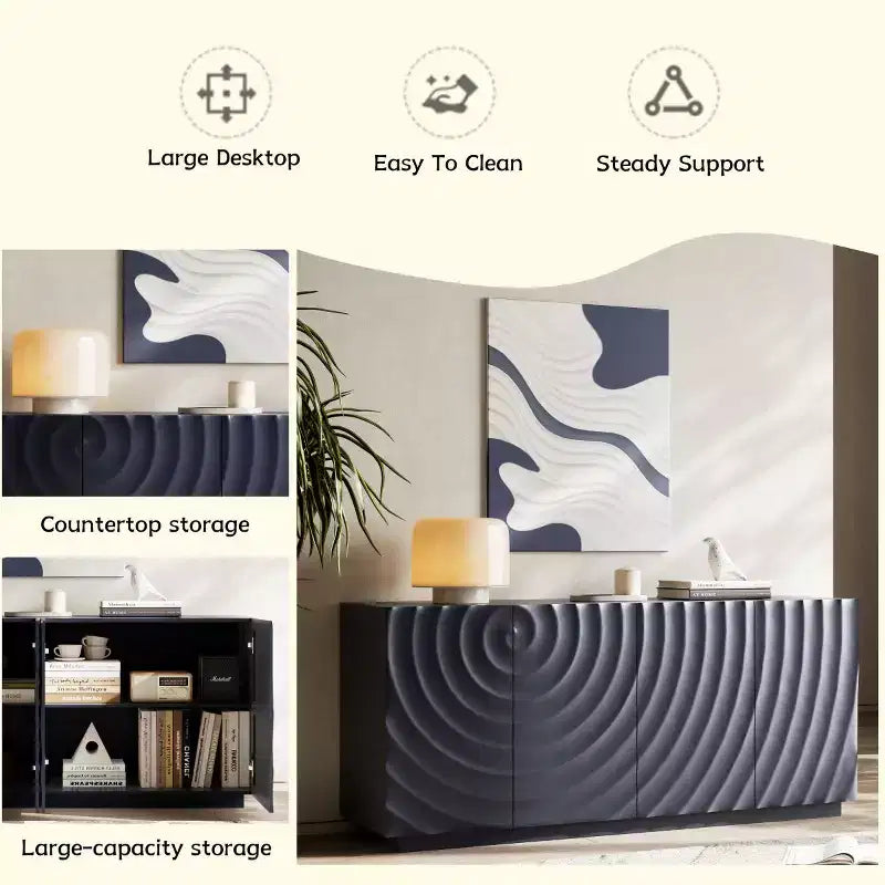 59 moderner Spiralen-Sideboardschrank, flacher kunstvoller Aufbewahrungsschrank für den Eingangsbereich mit Türen in 3D-Wellenoptik