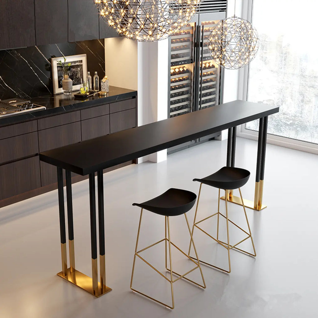 Table de bar rectangulaire de luxe en bois, avec piètement traîneau doré, pour salle à manger