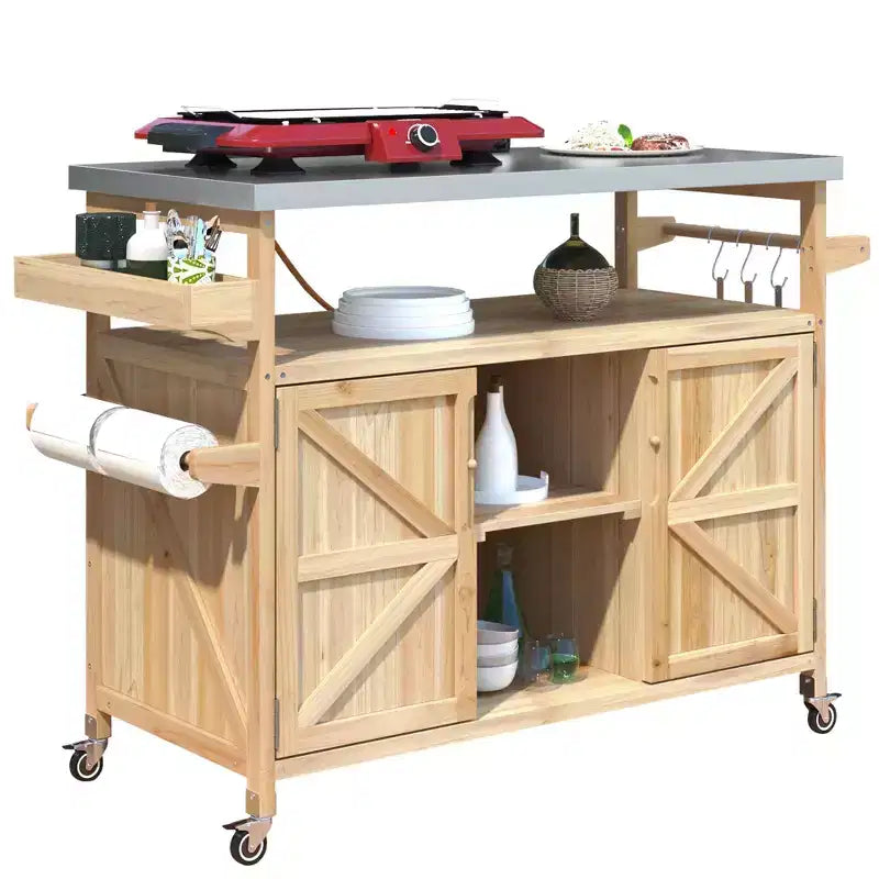 Okak Outdoor-Kücheninsel mit Edelstahlplatte, Küchenwagen aus Holz mit Türen, Ablagen und Gewürzregal, rollende Kücheninsel