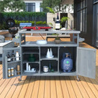 Îlot de cuisine d’extérieur, chariot de bar roulant et meuble de rangement, table de barbecue en bois massif avec plateau en acier inoxydable, porte-épices, porte-serviettes