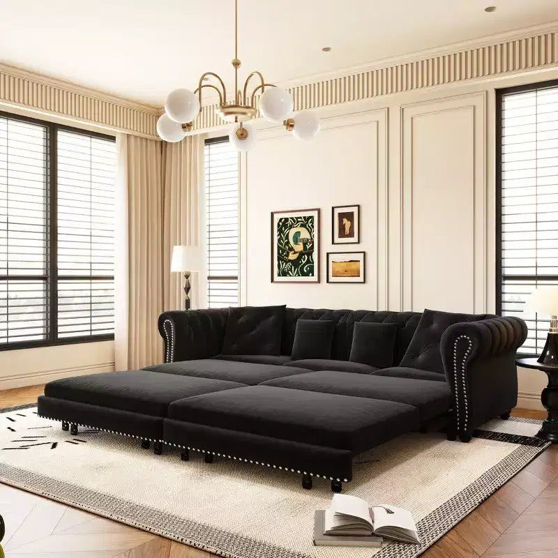 Whisen Schlafsofa aus Samt, 3-in-1, King Size, ausziehbar und umwandelbar, mit beweglichem Ottomanen, gestepptes Design