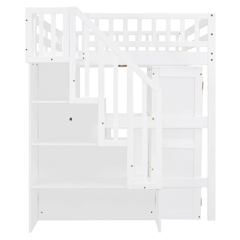 Lit mezzanine taille double avec escalier, bibliothèque, bureau et armoire - meuble multifonctionnel gain de place pour enfants et adolescents-Blanc