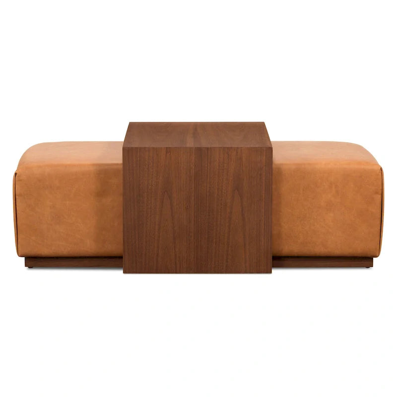 Pouf Jarmo Poly & Bark avec tablette en noyer réglable - cuir italien véritable pleine fleur