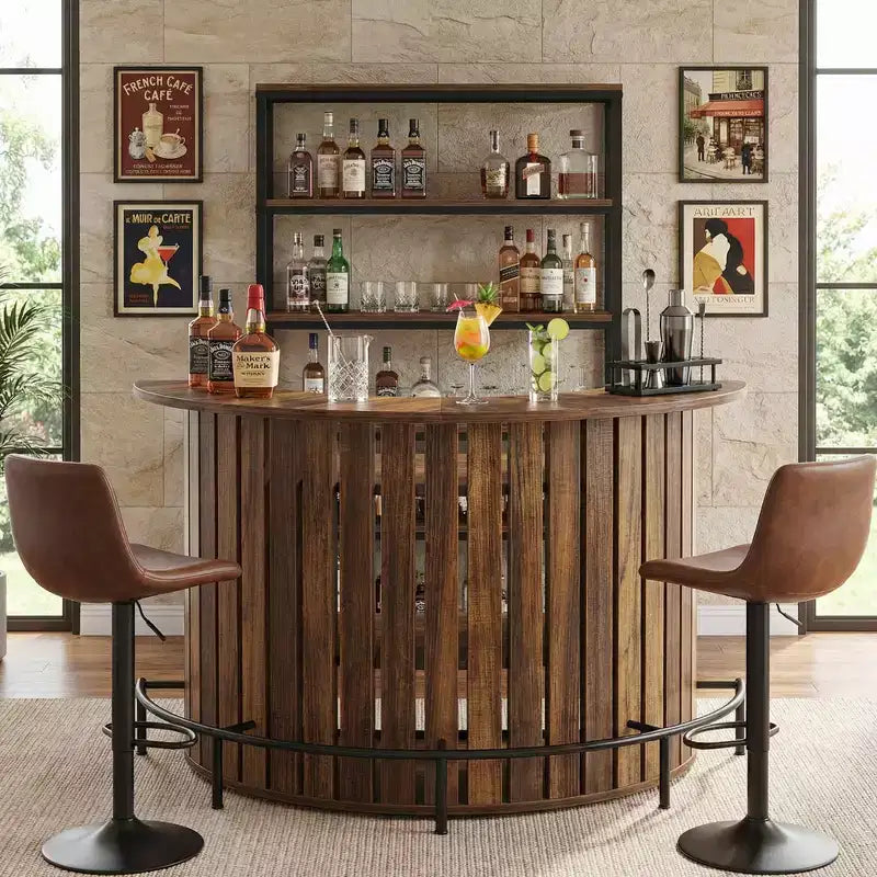 Mesa de bar pequena de arrumação com 4 prateleiras em arco, armário de bar moderno de estilo rústico com apoio para os pés e estrutura em MDF