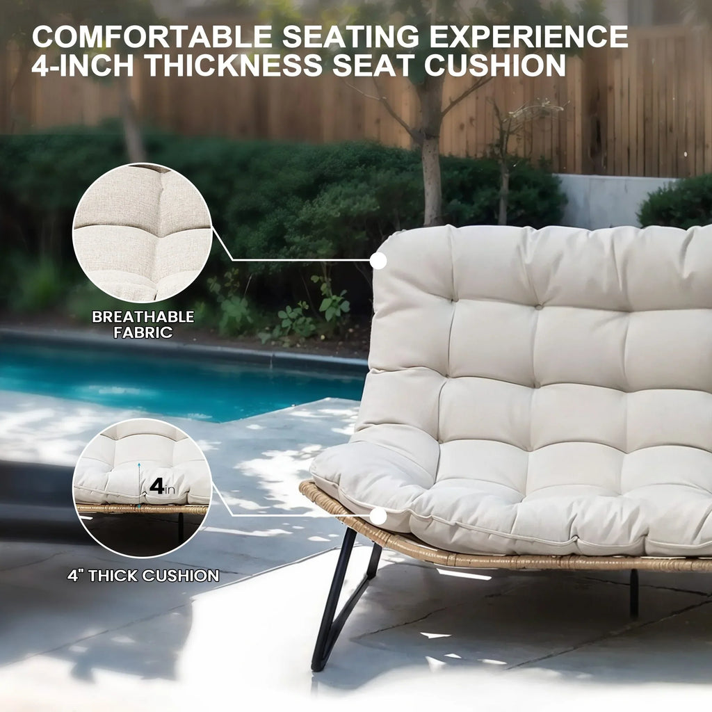 Poltrona doppia Papasan con cuscino, in rattan PE resistente a tutte le condizioni atmosferiche e struttura in metallo, per interni ed esterni