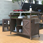 Îlot de cuisine d’extérieur, chariot de bar roulant et meuble de rangement, table de barbecue en bois massif avec plateau en acier inoxydable, porte-épices, porte-serviettes