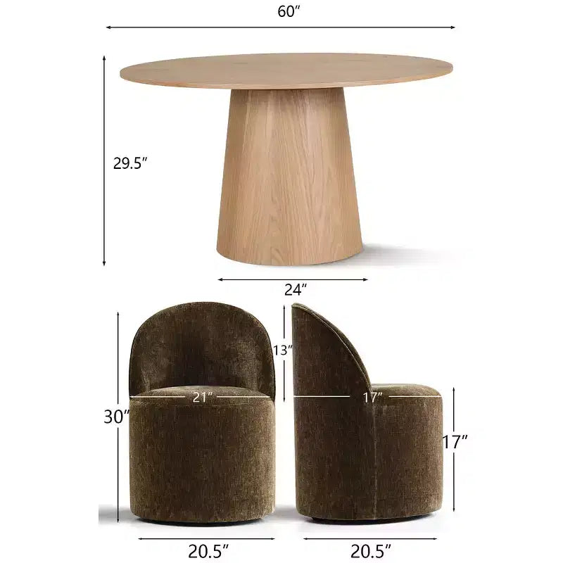 Conjunto de jantar moderno para 6 pessoas, mesa redonda com pé central, cadeiras giratórias tipo barril com rodas, chenille texturizado - Panipeachy