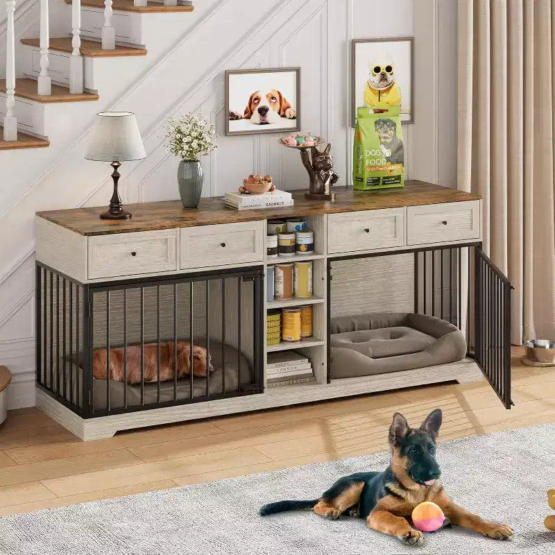82 Hundebox-Möbel für zwei Hunde, große Hundehütte für den Innenbereich, robuste Hundebox aus Holz mit 4 Schubladen und Regalen, als TV-Ständer