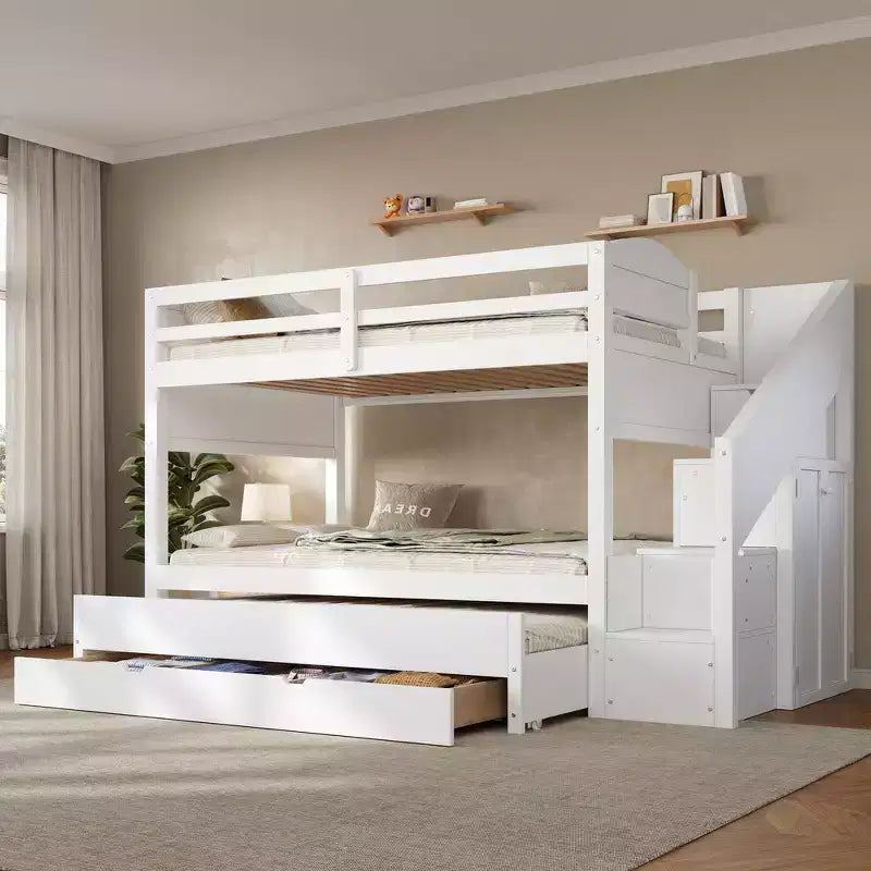 Whisen stapelbedframe voor twee XL-matrassen met onderschuifbed, opbergruimte, massief hout, opbergtrap, kledingkast en 3 laden, voor kinderen