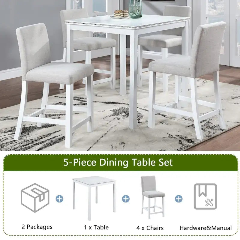 Moderne 5-delige eetset met vierkante tafel op aanrechthoogte en 4 gestoffeerde stoelen