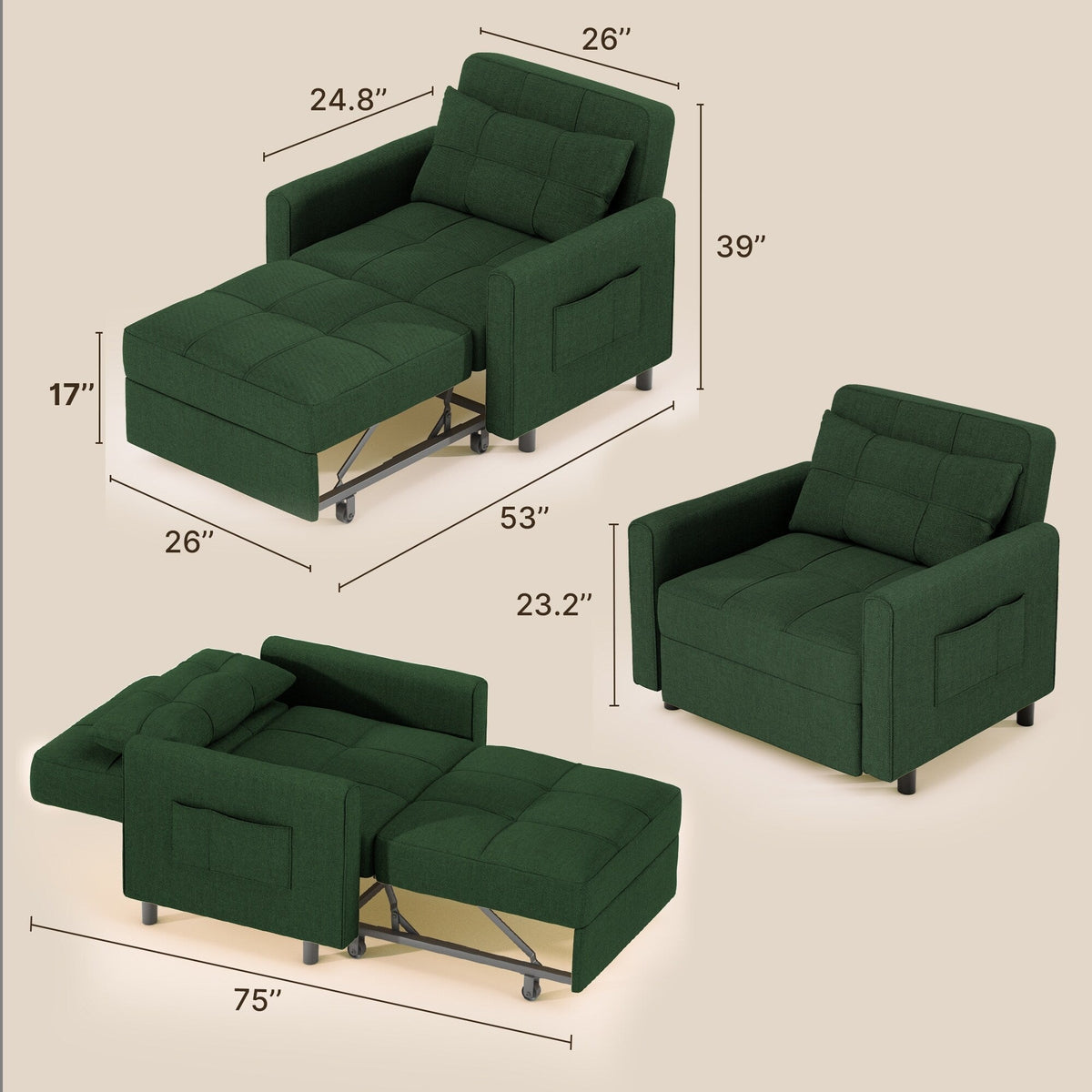 Sofá-cama ajustável 3 em 1, sofá-cadeirão extensível, cama dobrável convertível para sala de estar