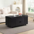 Table basse moderne multifonctionnelle à plateau relevable avec rangement caché, 4 tabourets et roulettes, idéale pour les espaces de vie modernes