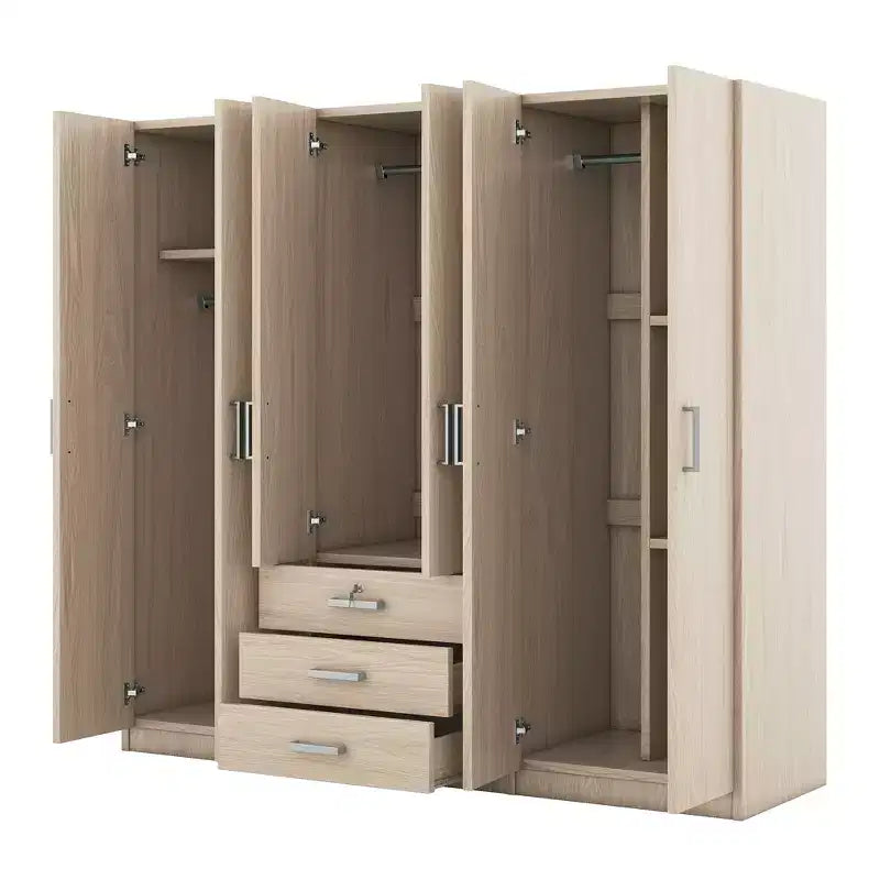 Guarda-roupa de madeira com 6 portas e gavetas para quarto