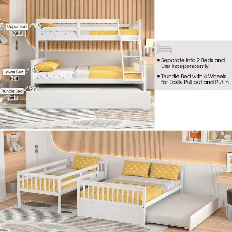 Gymax Etagenbett mit Einzelbett oben und Doppelbett unten, mit ausziehbarem Einzelbett, umbaubare Plattform