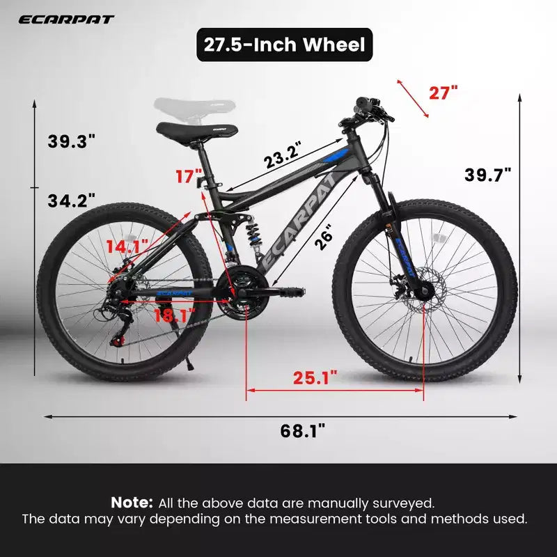 Okak 27.5IN Mountainbike mit vorderen und hinteren Doppelfederungen, Dirtbike mit 21 Gängen und mechanischen Scheibenbremsen, Erwachsenenfahrrad für Männer und Frauen