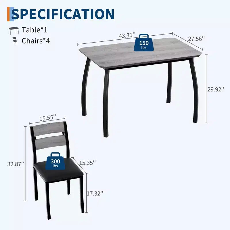 5-teiliges Küchenmöbel-Set mit Metallgestell, Tisch und Stühlen, mit abgeschrägtem Design