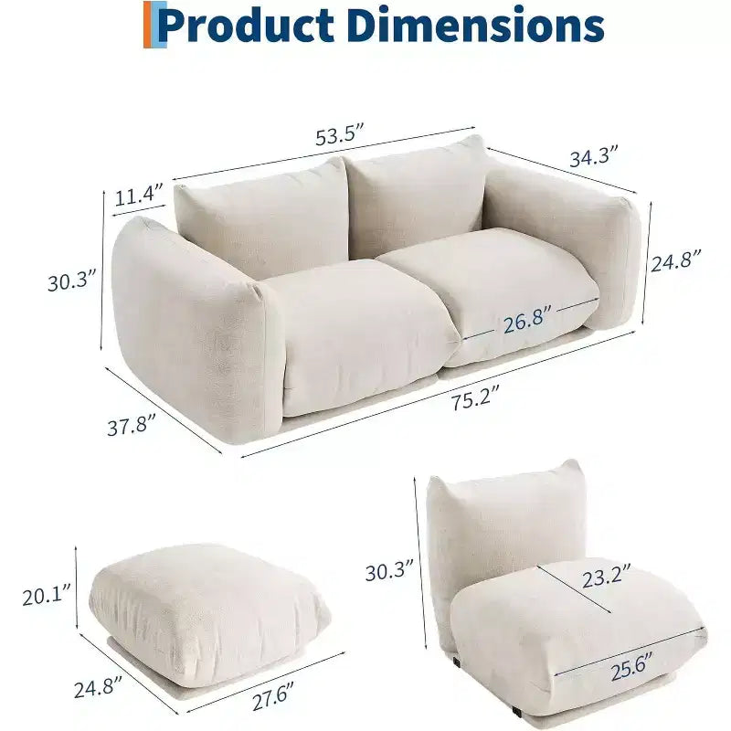Αρθρωτός διθέσιος καναπές Love Seat από ύφασμα σενίλ, καναπές-σύννεφο με αφρό υψηλής ελαστικότητας, καναπές χωρίς σκελετό για μικρούς χώρους