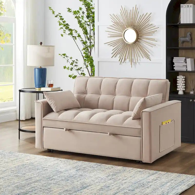 Rozkładana sofa dwuosobowa 4 w 1 z podłokietnikami i kieszeniami do przechowywania, wielofunkcyjna pikowana sofa z regulowanym oparciem