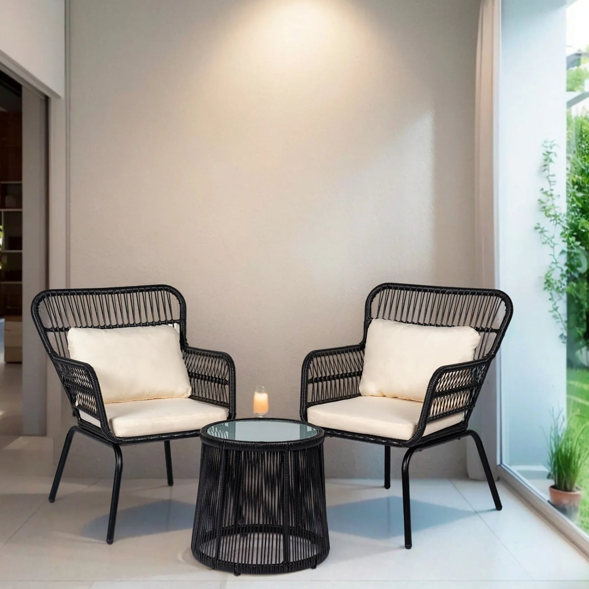 3-teiliges Outdoor-Bistroset aus Korbgeflecht, wetterfeste Rattan-Gartenmöbel mit Stühlen und Kissen