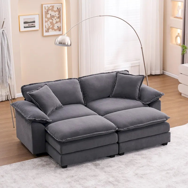 2-Sitzer-Sofa mit 2 Sitzkissen, 2 Kissen und 2 Hockern, bequemes Sofa - tiefes Sofa fürs Wohnzimmer, modulares Sofa