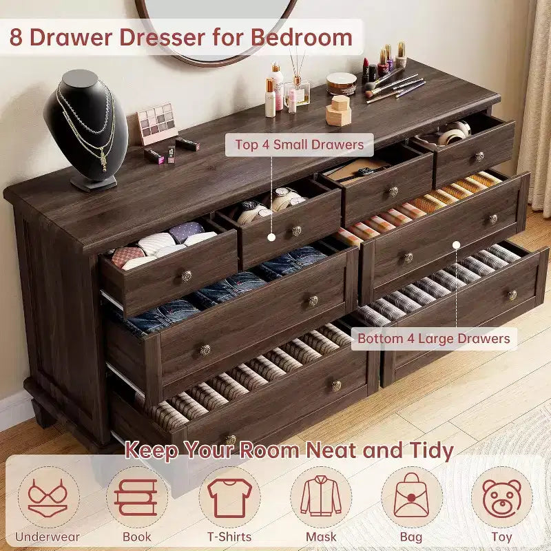 Kommode mit 8 Schubladen fürs Schlafzimmer, Vintage-TV-Kommode 59 mit geschnitzten Griffen und konischen Beinen, Holzkommode mit großem Stauraum