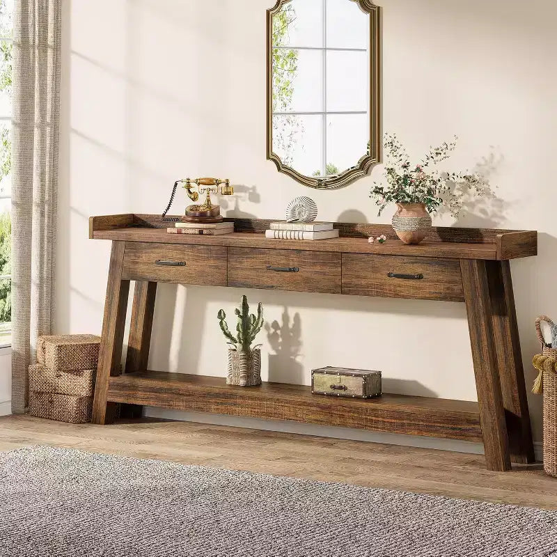 Lantine zitbanktafel met 2 niveaus en 3 laden, consoletafel van 70.9 met opstaande rand en opbergplanken voor de woonkamer, hal of entree