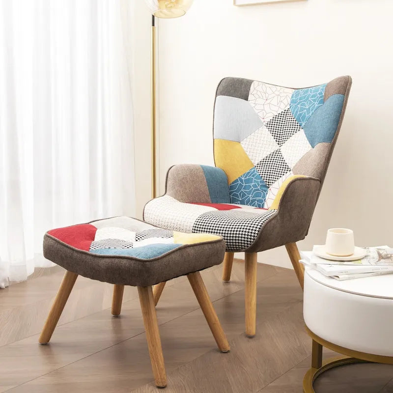 Akzentstuhl mit Hocker, Wohnzimmer-Stuhl- und Hocker-Set, bequemer Beistellsessel für das Schlafzimmer, kreativ zusammengesetzter Stoffbezug