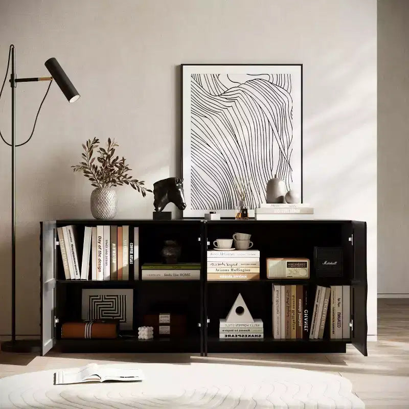 59 moderner Spiralen-Sideboardschrank, flacher kunstvoller Aufbewahrungsschrank für den Eingangsbereich mit Türen in 3D-Wellenoptik