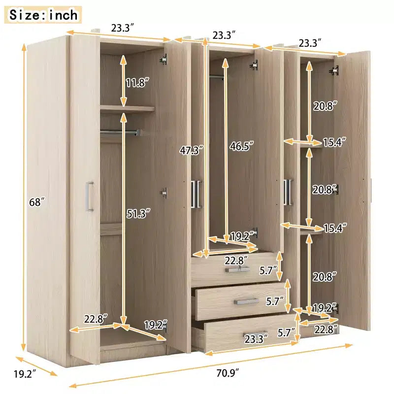 Guarda-roupa de madeira com 6 portas e gavetas para quarto