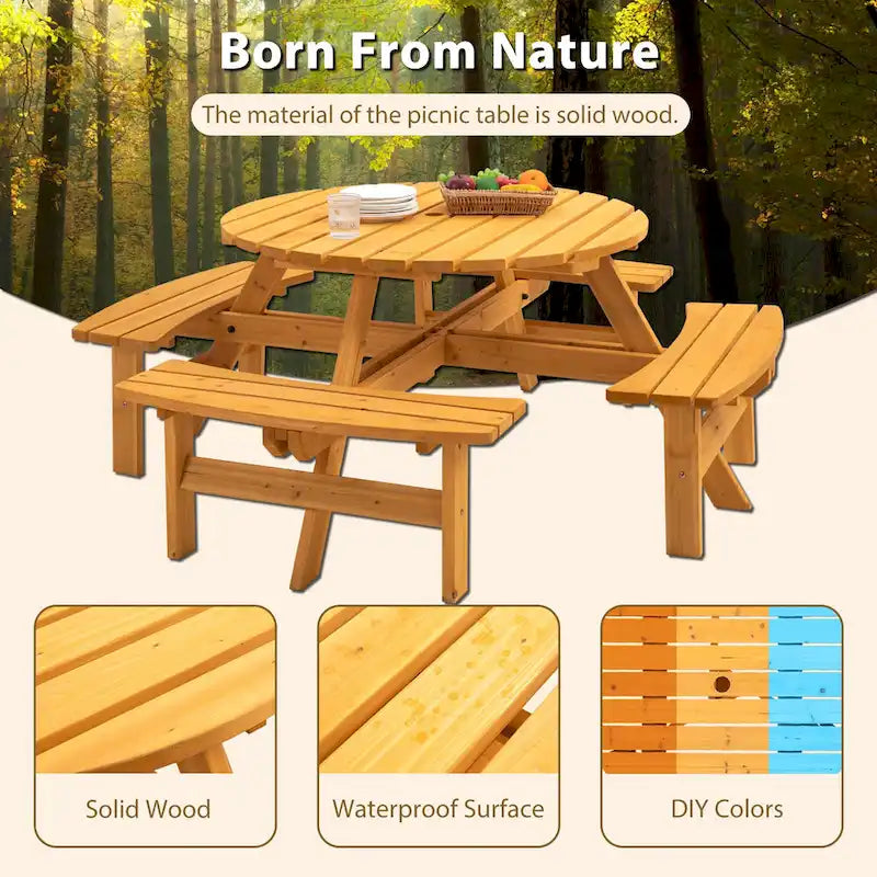 Set da picnic rotondo da esterno per 8 persone in legno di abete, con 4 panche integrate e foro per ombrellone
