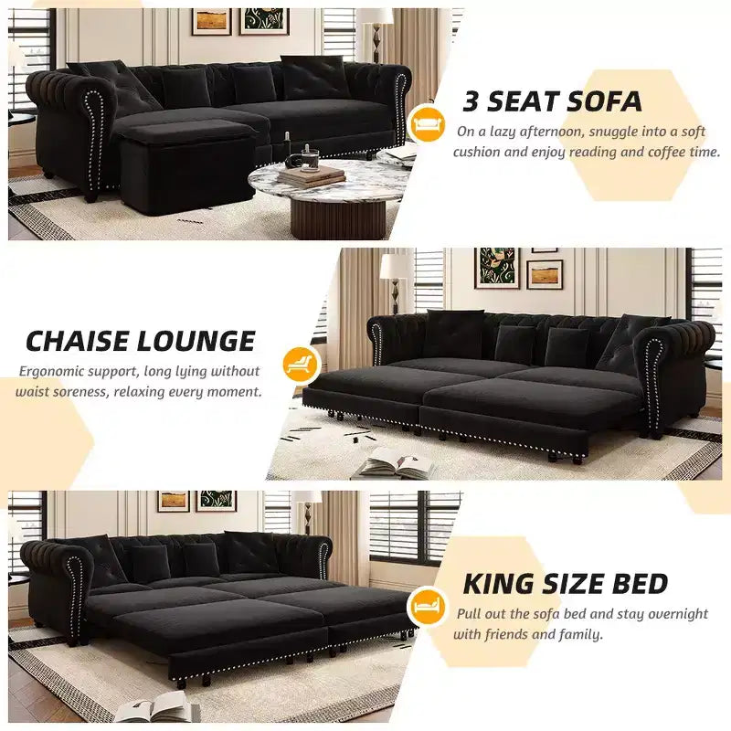 Whisen Schlafsofa aus Samt, 3-in-1, King Size, ausziehbar und umwandelbar, mit beweglichem Ottomanen, gestepptes Design