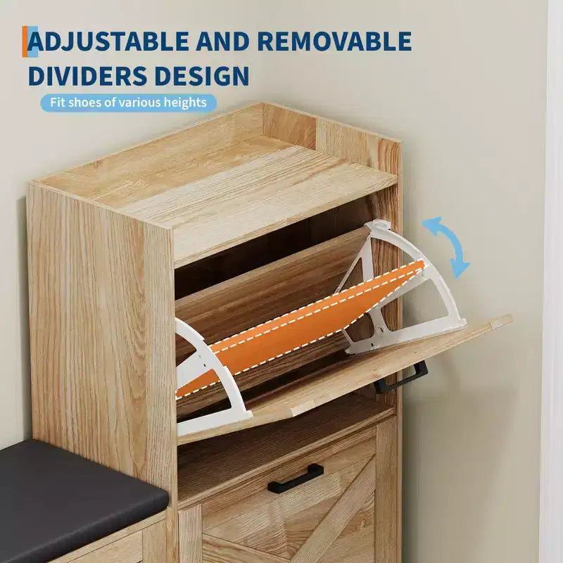 Schoenenkast in landelijke stijl, houten halbank met 4 klepkasten, smalle verborgen schoenenopberger, vrijstaand schoenenrek voor hal of entree