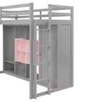 Kinder-Hochbett mit Kleiderschrank und Regalen, Holz-Hochbettrahmen mit Stauraumschrank für Kinder und Jugendliche
