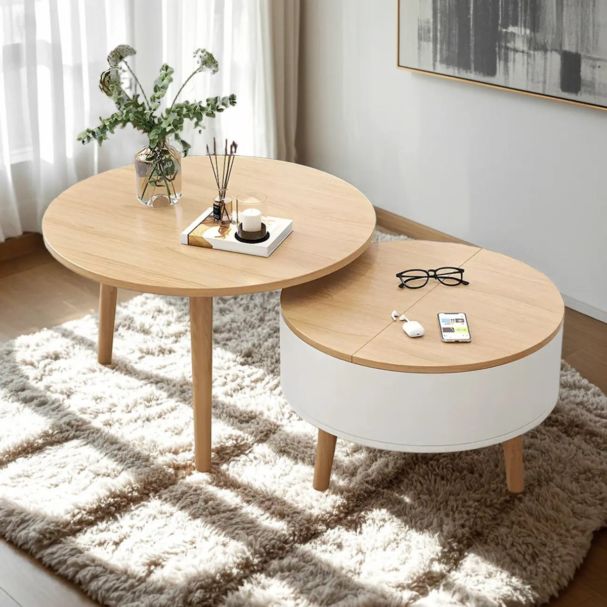 Moderne ronde houten salontafel in zwart-wit met opbergruimte