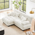 Narożna sofa dwuosobowa w kształcie litery L z tapicerką chenille i poduszkami lędźwiowymi