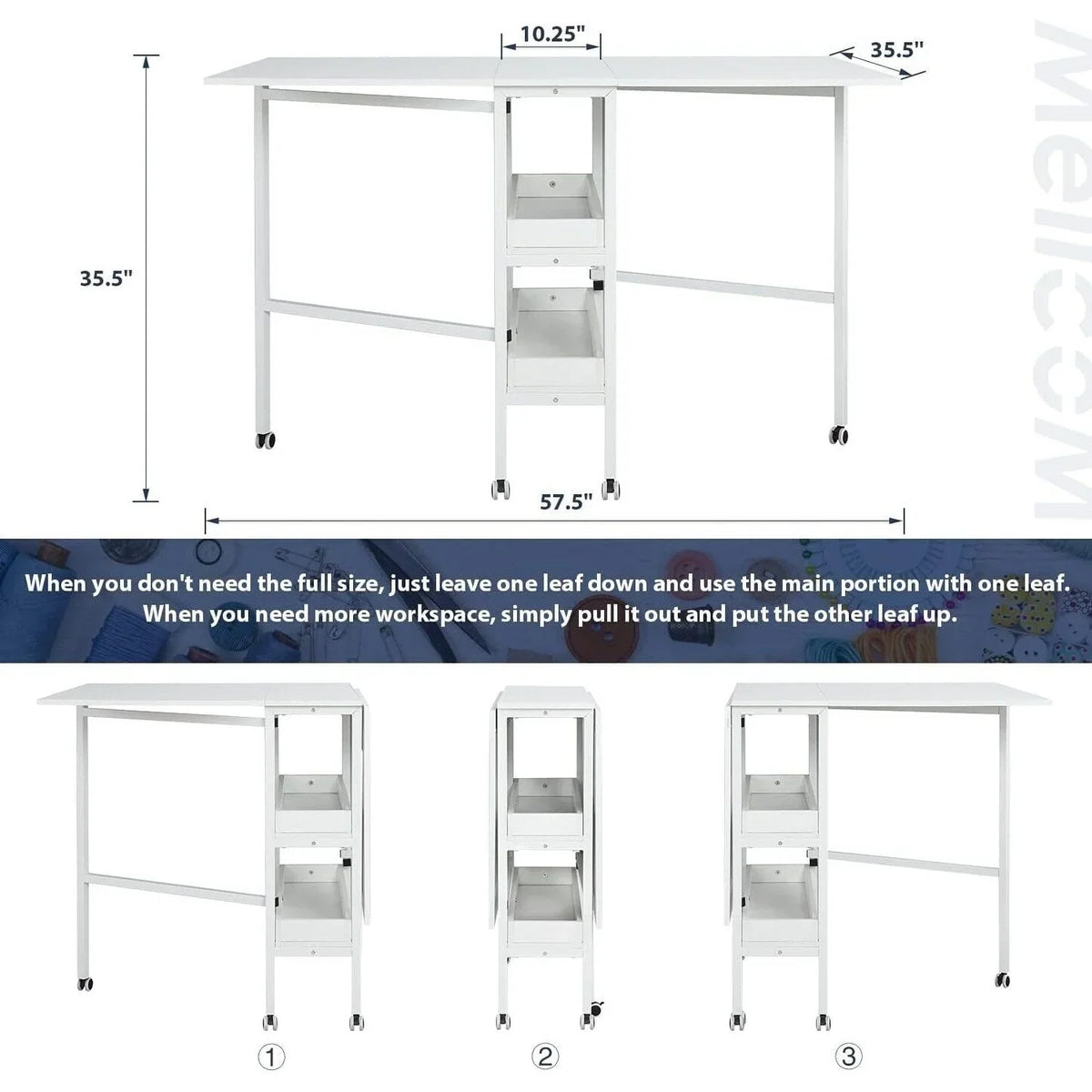 Table d’activités réglable en hauteur avec étagères de rangement, table de découpe pliante et mobile pour bureau à domicile, couture ou loisirs créatifs