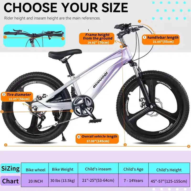 NAYSAYE 20-Zoll-Mountainbike für Kinder mit 7-Gang-Schaltung und Rahmen aus Magnesiumlegierung für Jungen und Mädchen von 8-12 Jahren, 57.09*21.65*29.92