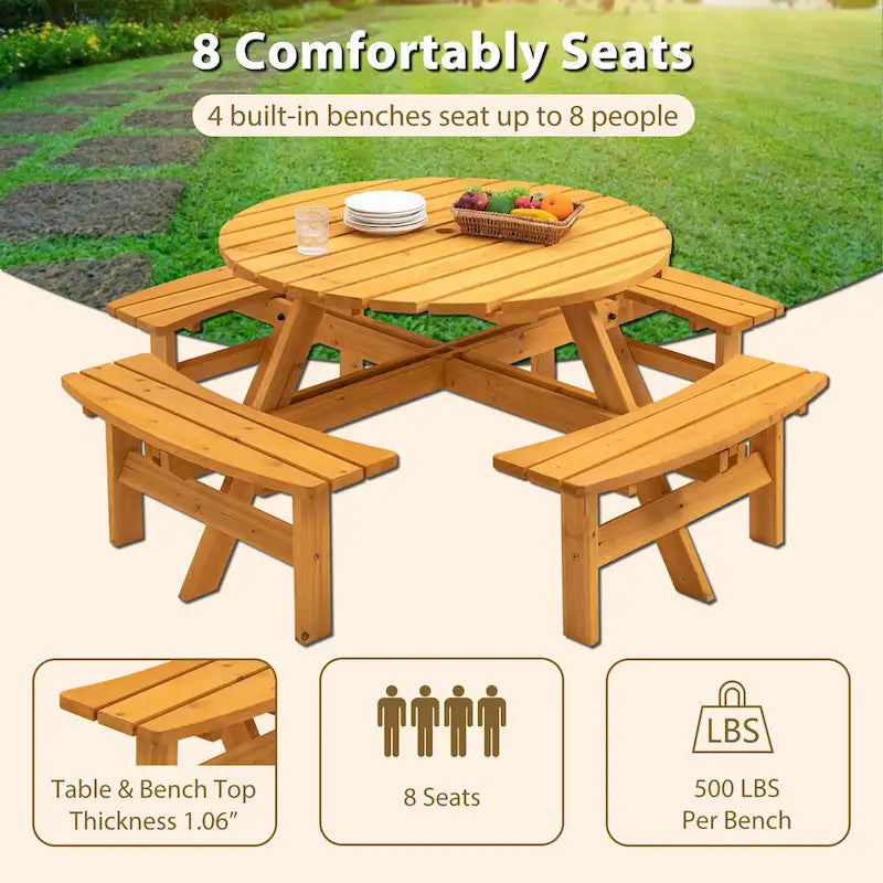 Set da picnic rotondo da esterno per 8 persone in legno di abete, con 4 panche integrate e foro per ombrellone