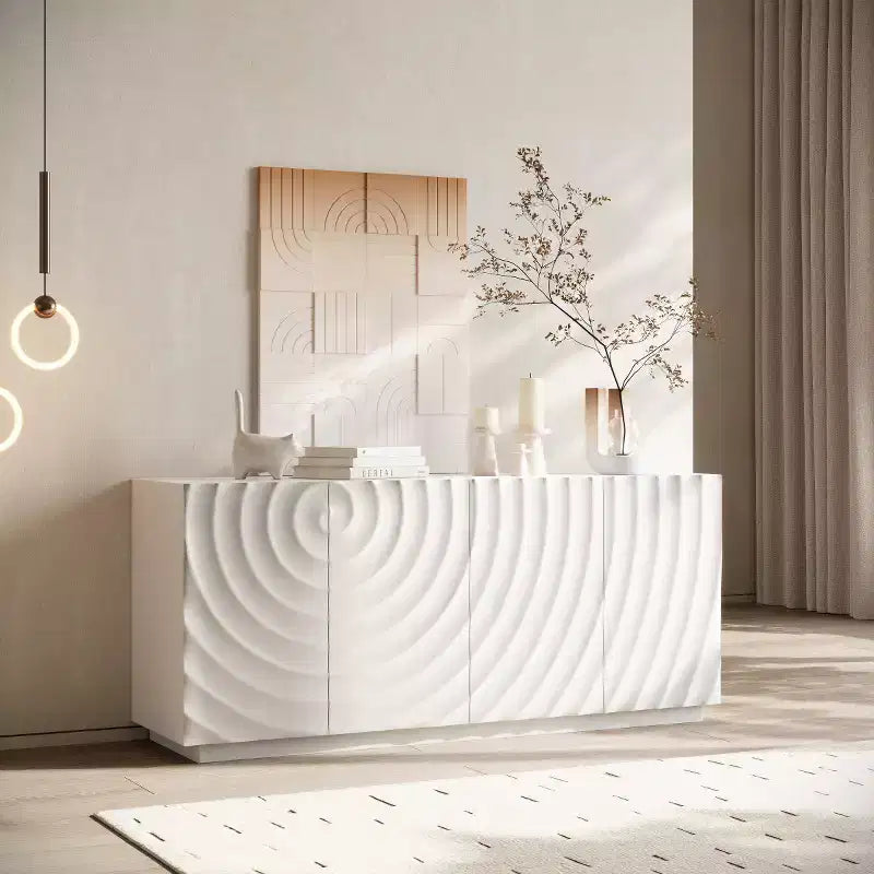 59 moderner Spiralen-Sideboardschrank, flacher kunstvoller Aufbewahrungsschrank für den Eingangsbereich mit Türen in 3D-Wellenoptik
