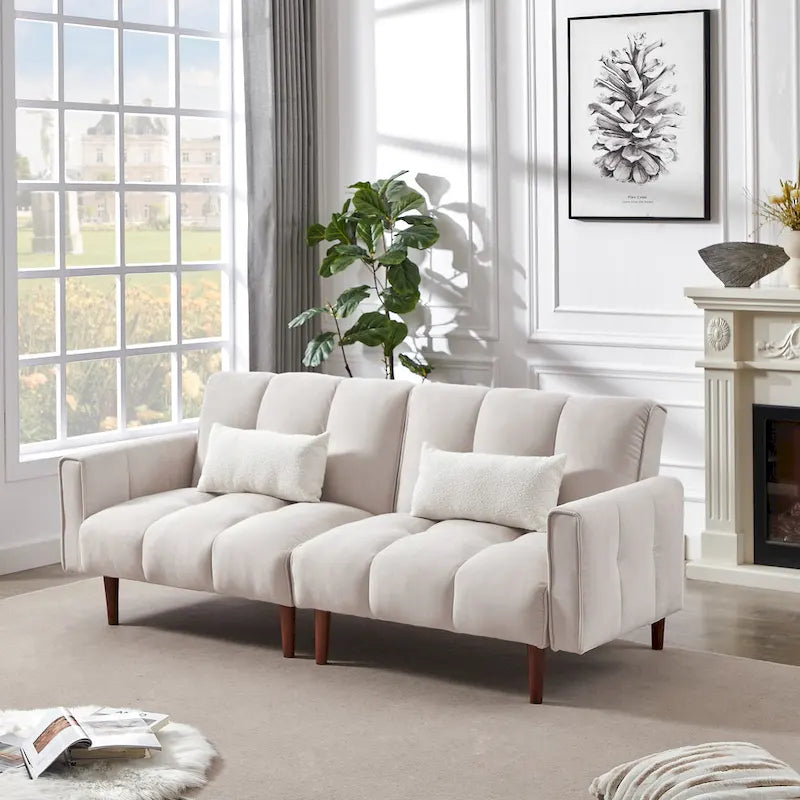 Rozkładana sofa futon z regulowanymi pozycjami i drewnianymi nogami