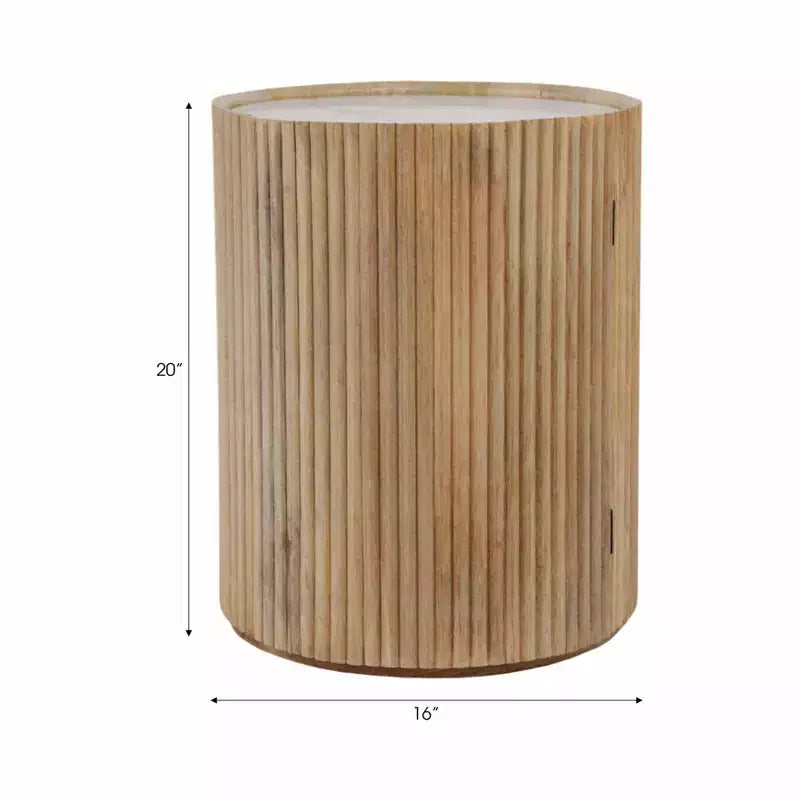 Tavolino laterale decorativo in legno scanalato con piano in marmo e vano contenitore - Piccolo tavolino decorativo per camera da letto o soggiorno