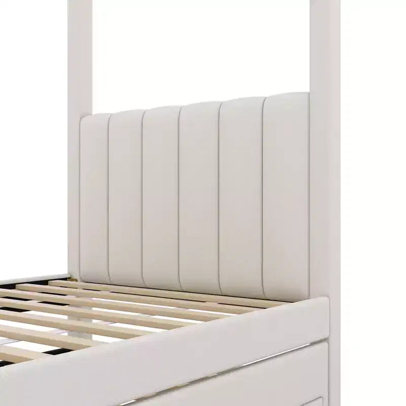 Linnen hemelbed met platform, volledige maat, onderschuifbed en drie opbergladen