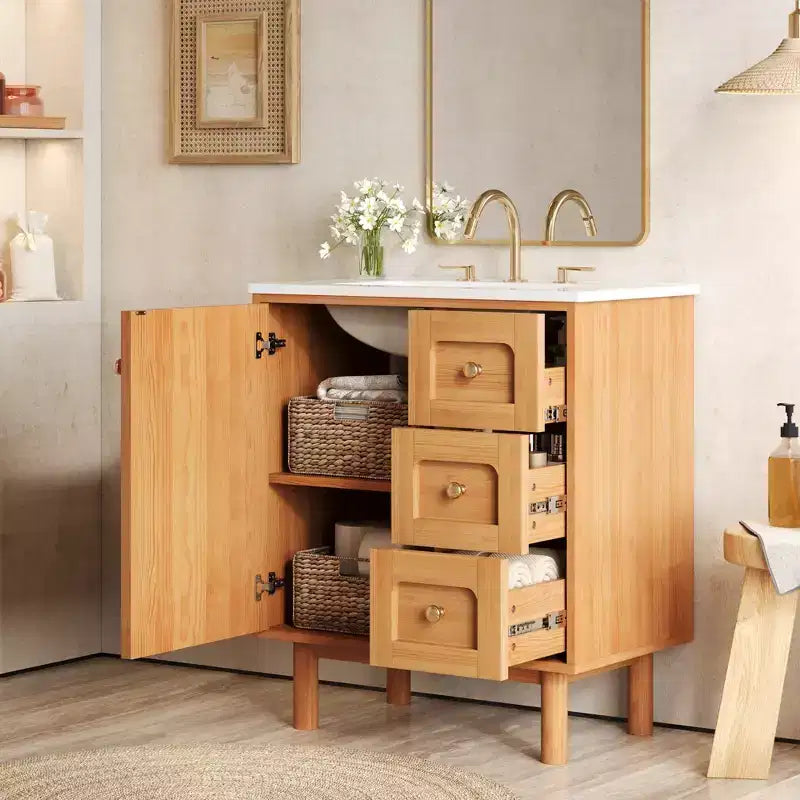 JVNOXK Keramik-Waschtischunterschrank, 30 Zoll, rustikal-modern, mit 3 Schubladen und 1 großen Tür mit Soft-Close-Funktion, Aufbewahrungsschrank, natürliche Holzmaserung