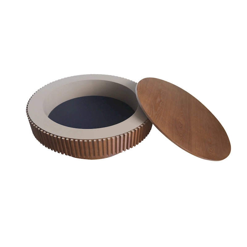 Table basse ronde moderne en bois massif plaqué, avec rangement