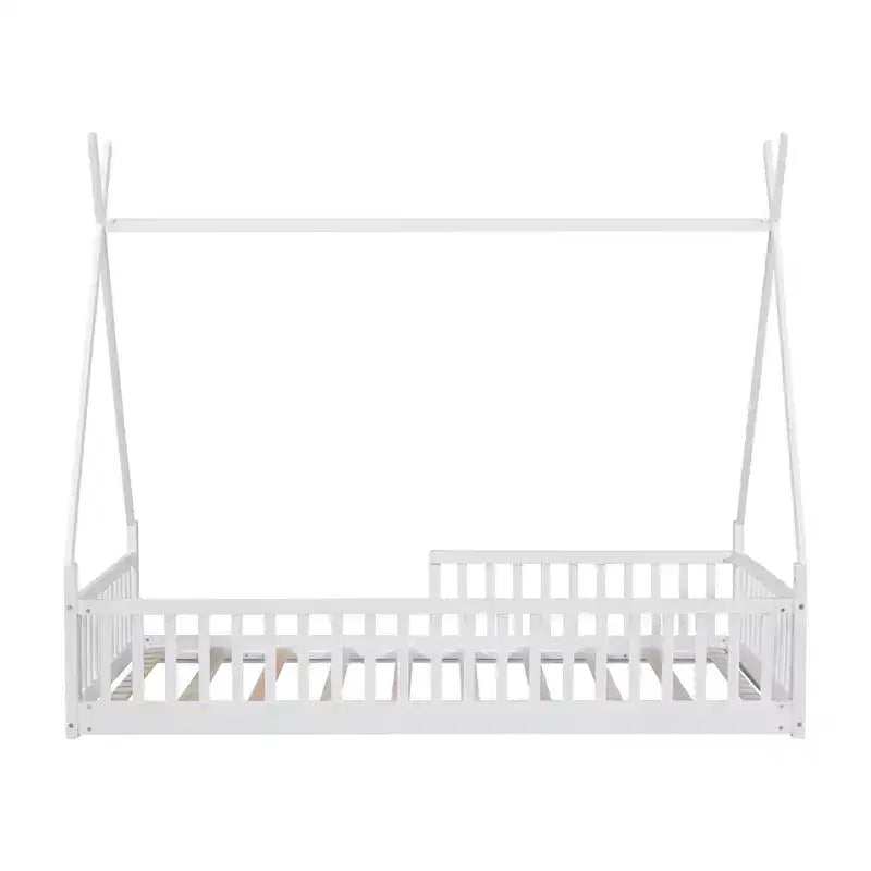 Kinder-Bodenbett, Zeltbett in Einzelbettgröße, Montessori-Bodenbett mit Lattenrost und Schutzgittern, Bettrahmen aus Holz in Hausform für Jungen und Mädchen
