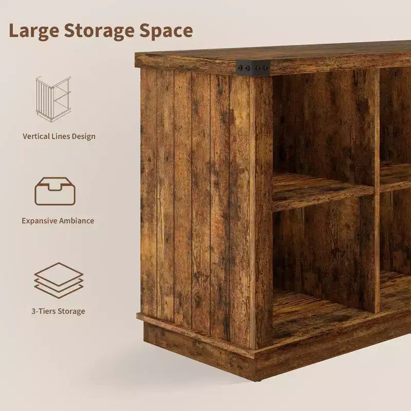 Bücherregal mit 8 Fächern, im Landhausstil, waagerecht, 62 Inch, aus Holz, für den Eingangsbereich, langes, niedriges Bücherregal fürs Wohnzimmer